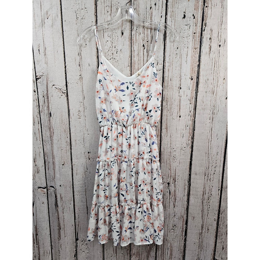 Peach Love‎ California White Floral Tiered Ruffle Boho Prairie Stretch Dress EUC